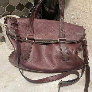 Fossil Preston expandable Brown Raisin leather satchel crossbody